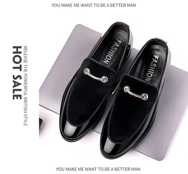 Men's Party Shoes Black Luxury Mens Formal Leather Shoes Slip on Patent Leather Business Casual Shoes Loafers Large Size Zapatos