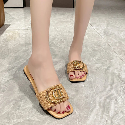 Women Slippers Luxury Decor Weave Designer Flat Sandals Fashion Open-toe Vacation Slides Women Party Sexy Elegant Slippers Women