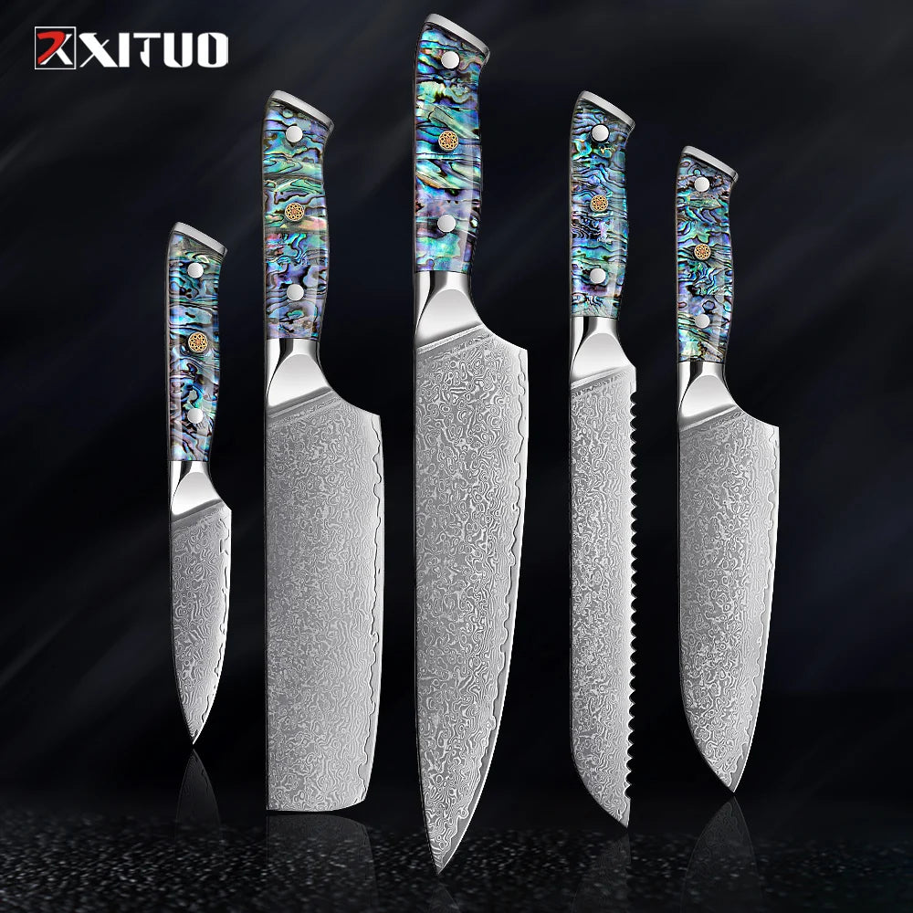 XITUO 67 Layer Damascus Steel Kitchen Knives Set Abalone Handle Sharp Santoku Bread Boning Knife Practical Kitchen Cutting Tools