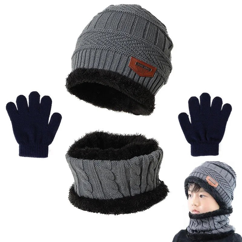 Winter Hat Scarf and Gloves Set Plush Warmer Children Knitted Hat Baby Boys Beanies Cap Neck Scarf Glove Suit For Kids Accessori