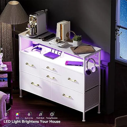 YILQQPER Dresser for Bedroom TV Stand with Power Outlets and LED Light, 6 Drawers Dresser with Side Pockets & Hooks