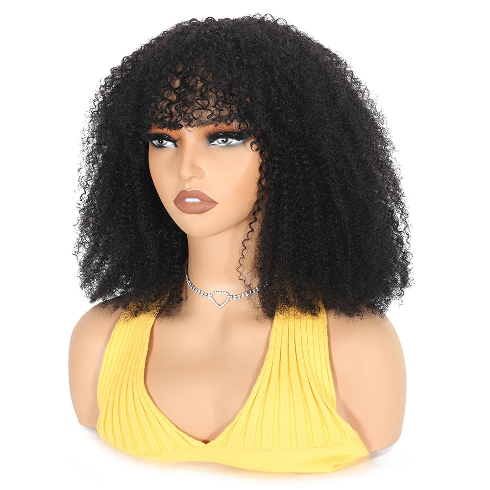 180% Density Afro Kinky Curly Human Hair Wigs With Bangs For Black Women Brazilian 100% Human Hair Remy Full Machine Made Hair