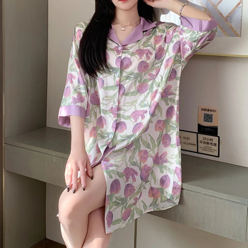 Women Sexy Leopard Print Nightgown Lapel Short Sleeve Satin Silk Cardigan Nightdress Hot Nighty Summer Nightgowns Mini Pajamas