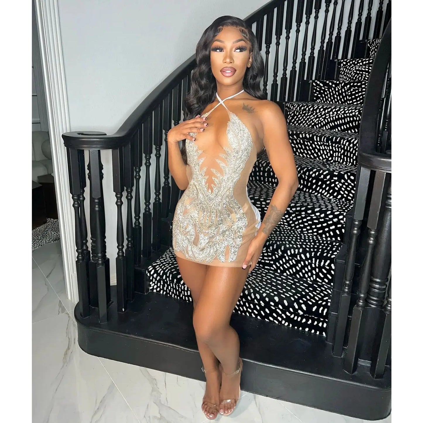 Women Diamonds Rhinestone Party Birthday Dresses Night Club Mesh See Through Halter V-neck Backless Sexy Bodycon Mini Dress