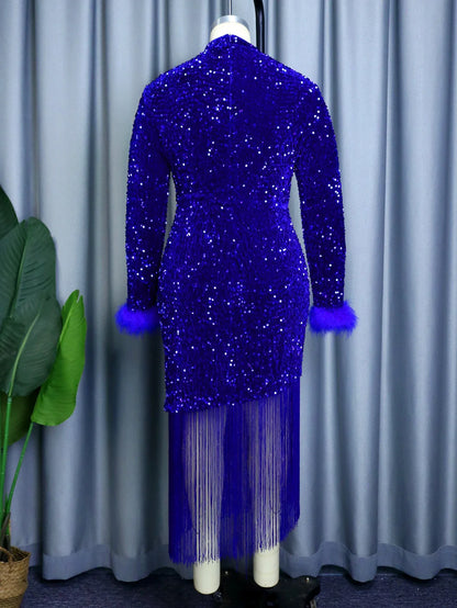 Women Dress Velvet Shiny Glitter Sequin Long Sleeves Feather Tassel Package Hip Celebrate Occasion Birthday African Plus Size