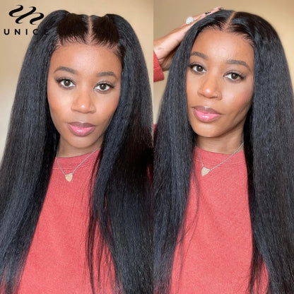 UNice Hair 4C Edges Yaki Straight Lace Wig 7x5 Pre Bleached Pre Cut Lace Closure Wig Human Hair Wear Go Glueless Wig for Women