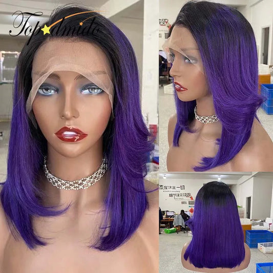 Topodmido Ombre Purple Color Short Hair Wig with Pre-Plucked Hairline Peruvian Hair Bob Lace Wigs with Dark Roots Lace Wigs