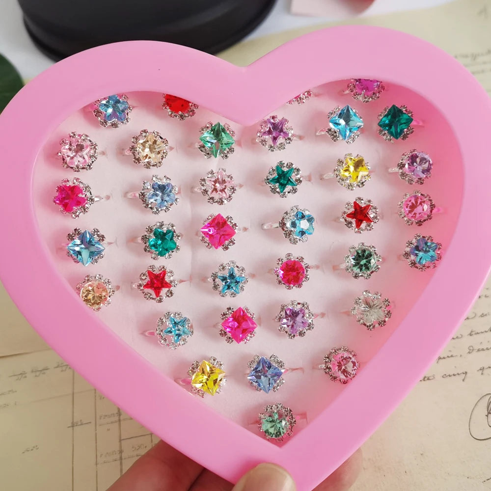 12/36PCS/set Adjustable Kids Crystal Rings Jewelry Heart Star Square Open Finger Ring For Children Girl Party Gift