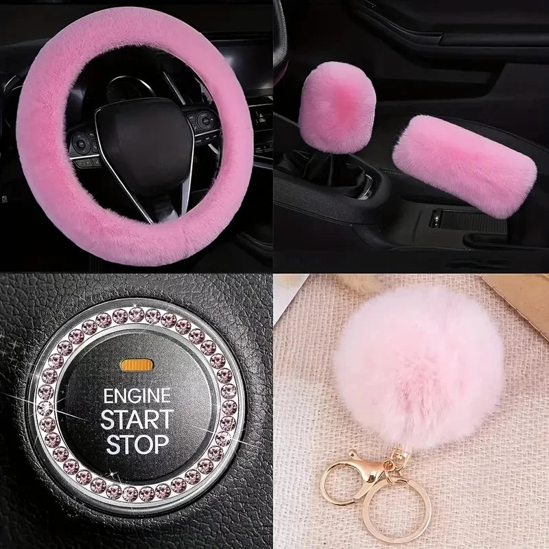 8-plece set Combination Pink Goddess Plush Car Steering Wheel CoverRex Rabbit Fur Fluffy Steering Wheel Cover