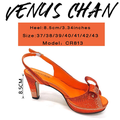 Venus Chan Newest INS Style Peach Color Rhinestone Elegant High Heels Nigeria Popular Design African Ladies Shoes And Bag Set