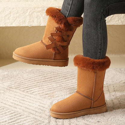 Women Flock Fluffy Suede Snow Boots Cute Butterfly Round Toe Warm Boots Autumn Winter Thick Sole Platform Cotton Shoes