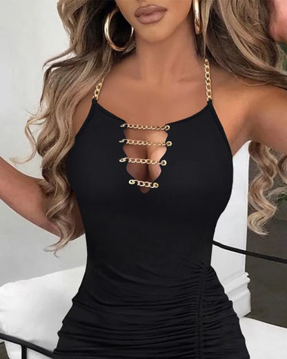 Women's Party Dress Sexy Chain Decor Drawstring Slit Bodycon Dresses 2024 Summer Latest Asymmetric Necksleeve Drawstring robe