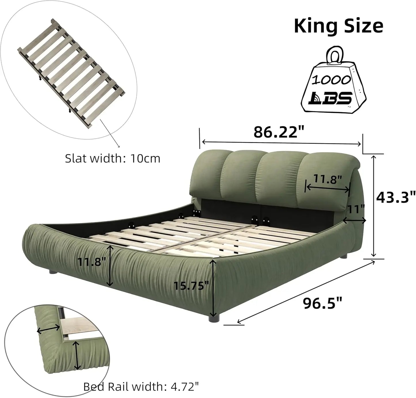 Upholstered Platform Bed Frame King Size, Cloud Bed With Oversized Headboard, Soft Frame Bedframe For Bedroom (Green, King