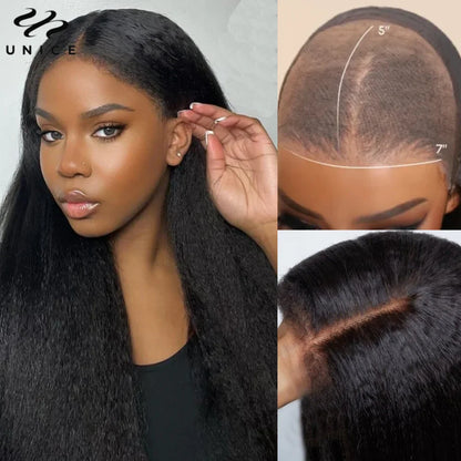 UNice Hair 4C Edges Yaki Straight Lace Wig 7x5 Pre Bleached Pre Cut Lace Closure Wig Human Hair Wear Go Glueless Wig for Women