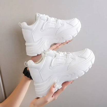 Women's Sneakers 2025 Spring Lace-Up Thick Bottom Vulcanize Shoes Woman Pu Leather Breathable White Black Sports Shoes Ladies