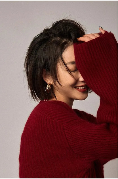 Turtleneck 100% cashmere sweater women loose thickening age reduction niche vintage red crewneck sweater women long sleeves