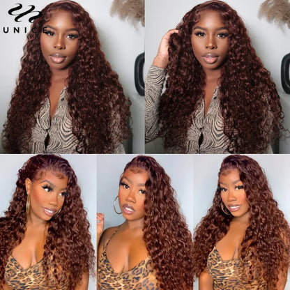 UNice Hair Reddish Brown Water Wave Wig 7x5 13x4 Human Hair Lace Frontal Wig Pre Cut Pre Bleached Glueless Wig Ready To Wear Go