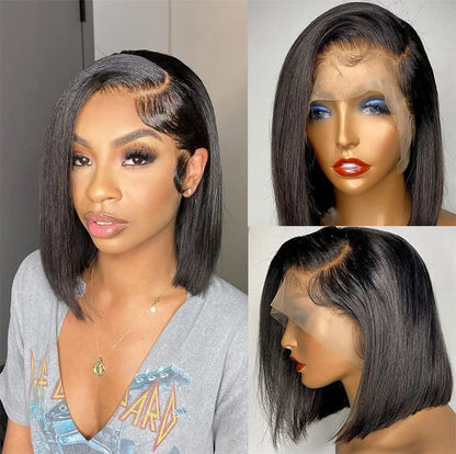 100% Vietname Super Double Drawn Bone Straight 13x4 Frontal Bob Wig with Human Hair Natural Black 210% Density For Black Women