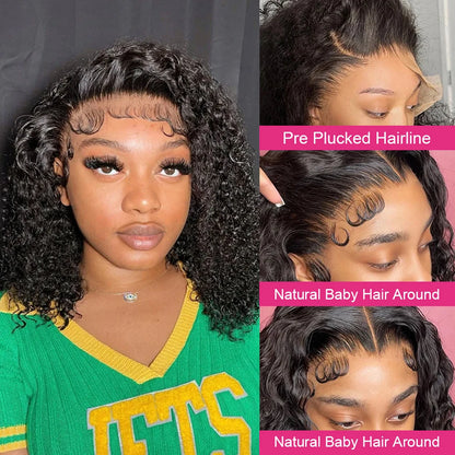 13x6 Short Curly Water Wave Human Hair Bob Wigs Deep Wave Lace Frontal Human Hair Wigs Indian Bob Wig Human Hair 250% Density