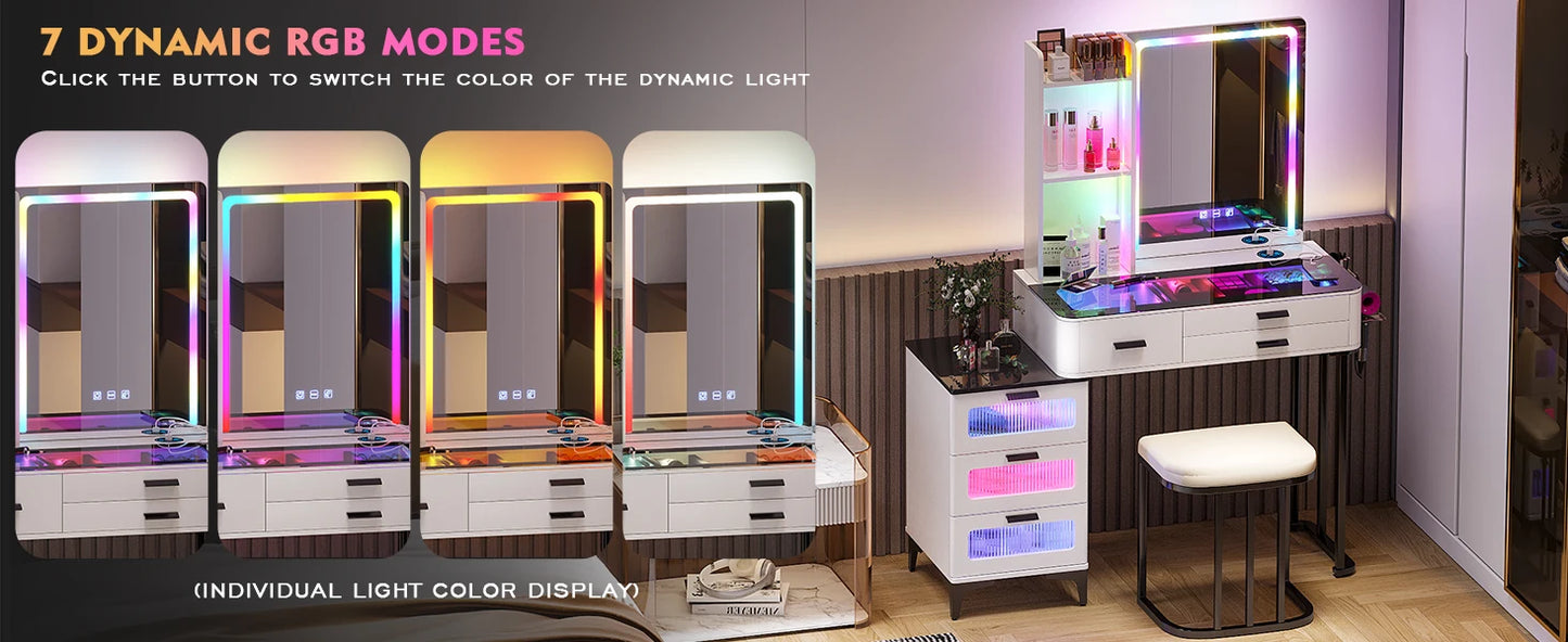 Vanity Makeup Desk Mirror LED Vanity Table Charging Station Dressers 5 Drawers