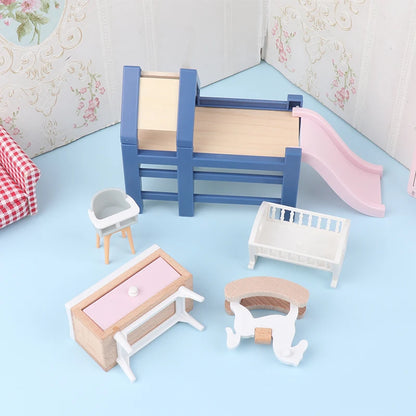 1/12 Dollhouse Mini Baby Slide/Trojan Horse/Table/ Dining Chair/Bed Model Furniture Accessories For Doll House Decor Kids Toys