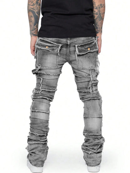 Trendy Men Jeans, European and American Fashionable Workwear with Patch, Elastic, Laminated and Slightly Flared Men Denim Pants.