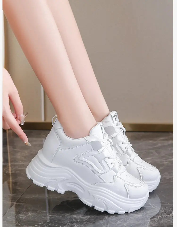 Women's Sneakers 2025 Spring Lace-Up Thick Bottom Vulcanize Shoes Woman Pu Leather Breathable White Black Sports Shoes Ladies