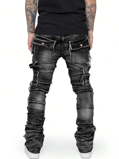 Trendy Men Jeans, European and American Fashionable Workwear with Patch, Elastic, Laminated and Slightly Flared Men Denim Pants.