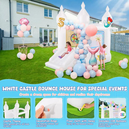 White Bouce House for Toddler, Kids Bounce House Bounce Castle with Water Canvas,Basketball,Bar Dart & 108 Balloons, Bouncy Hous