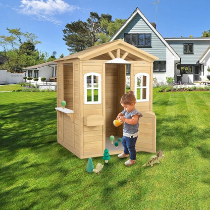 Wooden Playhouse for Kids Outdoor, Country Style Playhouse with Working Door, Service Stations, Natural,39" L X 38" W X 55.5" H