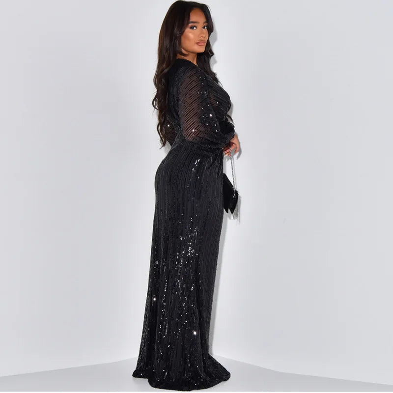 Women Sequins Splice Dress V Neck Full Sleeve A Line Evening Dresses Party Solid High Waist Long Skirts Office Lady Prom