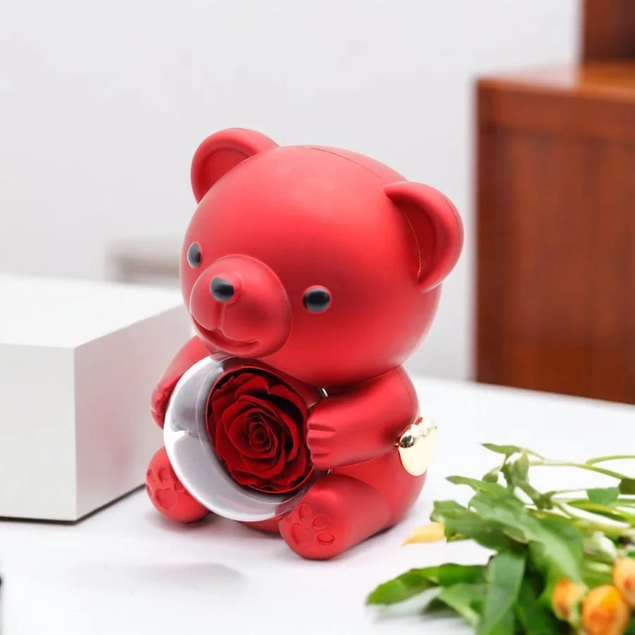 Valentine's Day Rose Hug Bear Jewelry Box Preserved Real Rose Gifts for Girlfriend Women Wife Mother's Day Birthday Anniversary