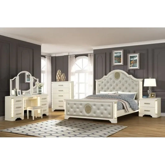 Traditional Bedroom Furniture 4 PCS Led Lighting Bedroom Set Include Luxury Queen Bed Frame Nightstand Vanity Set Furniture