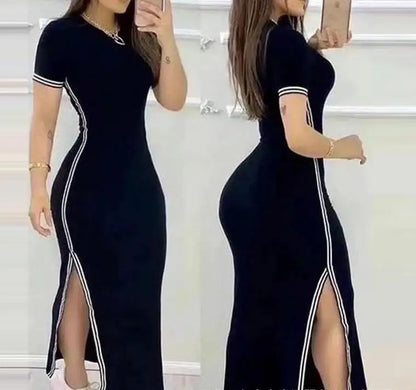 Womens Dresses 2023 Summer Fashion Striped High Slit Casual O-Neck Short Sleeve Daily Skinny Maxi A Line Dress Woman Clothing