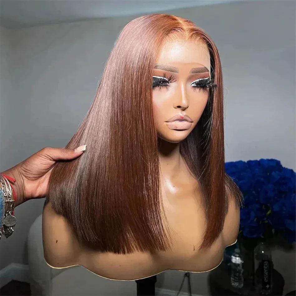 Vietname Super Double Drawn Bone Straight 13x4 Frontal Bob Wig with 100% Human Hair Chocolate Brown 180% Density For Black Women