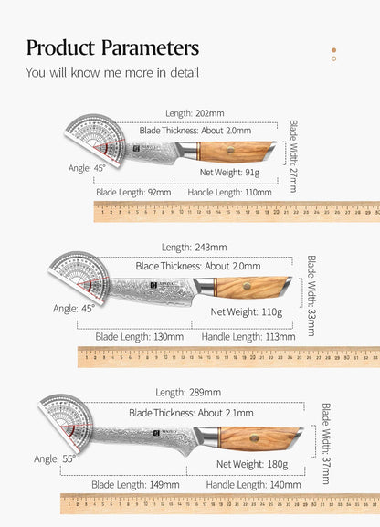 XINZUO 1-8pcs Kitchen Knife Set 73 Layers Custom Damascus Steel 15°±1 Per Side Steel Blade with Olive Wood Handle