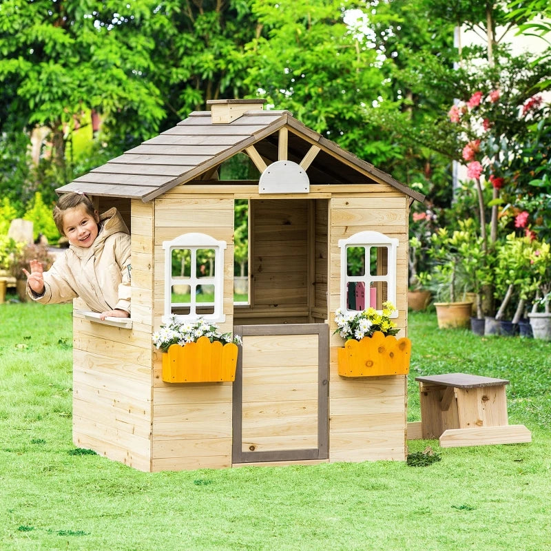 Wooden Kids Playhouse, Adventures Cottage, with Working Door, Windows, Bench, Service Station, Flowers Pot Holder