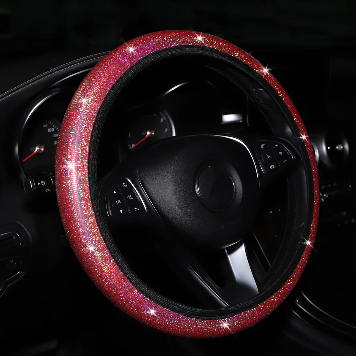 Universal Car Steering Wheel Cover 38cm Faux Leather Rhinestones Imitation Diamond Anti-slip Pink Steering Wheel Cover For Girls