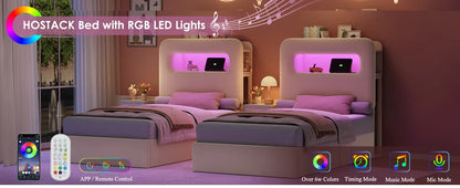 Twin LED Bed Frame , Kids Bed Frame with 2 Drawers and USB Ports, Velvet Upholstered Platform Bed Frame with Bookcase