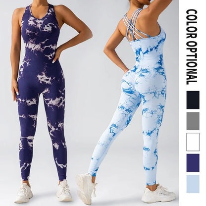 Tie-dye yoga jumpsuit, tuminel and hip lift, trousers, seamless breathable leggings, sports fitness wear women set yoga women