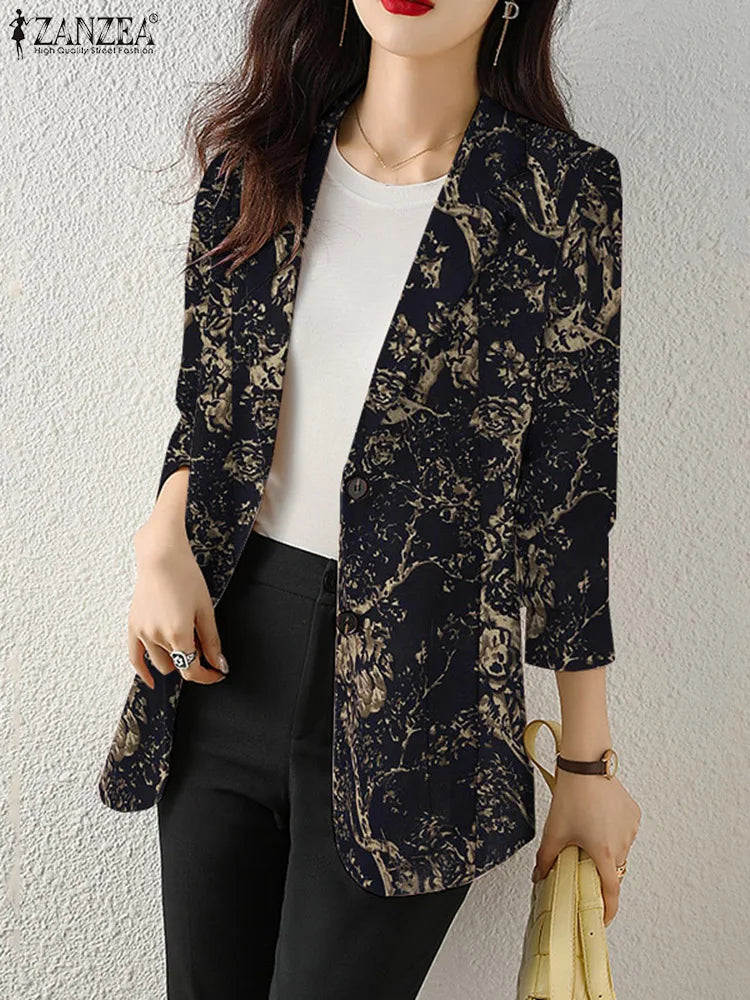 Women Autumn Blazer Retro Printed Coats Casual Long Sleeve Floral Outerwear ZANZEA Female Single Button Lapel Jackets Oversize