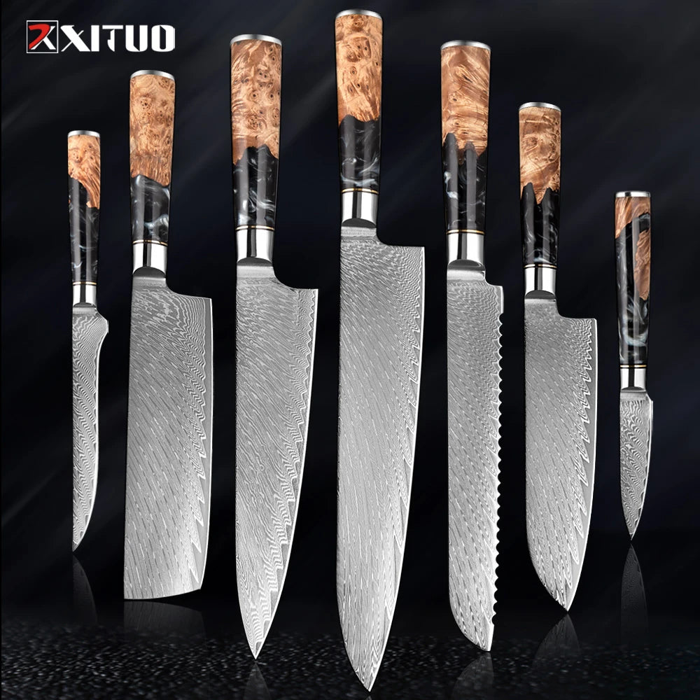 XITUO 1-9 PCS Damascus Steel Kitchen Knives High Quality Chef Chopping Vegetable Slicing Deboning Bread Knife Black Resin Handle