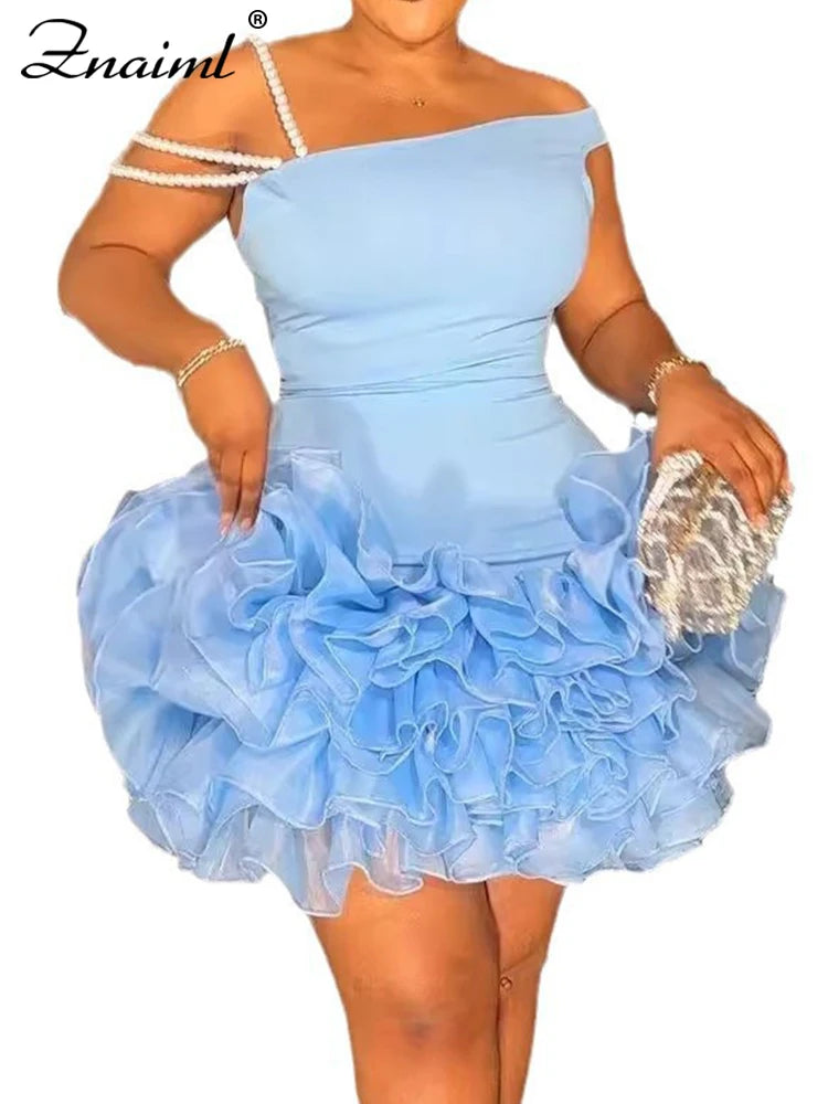 Znaiml Women Blue Stretchy Mini Dresses With Pearls Ruffles Trimmed Bottom Sexy Sheath Short Guest Birthday Party Wedding Gowns