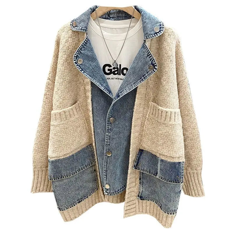 2023 New Autumn Winter Women Splicing Denim Jacket Women Long Sleeve Jean Jackets Female Loose Sweater Cardigan Jacket