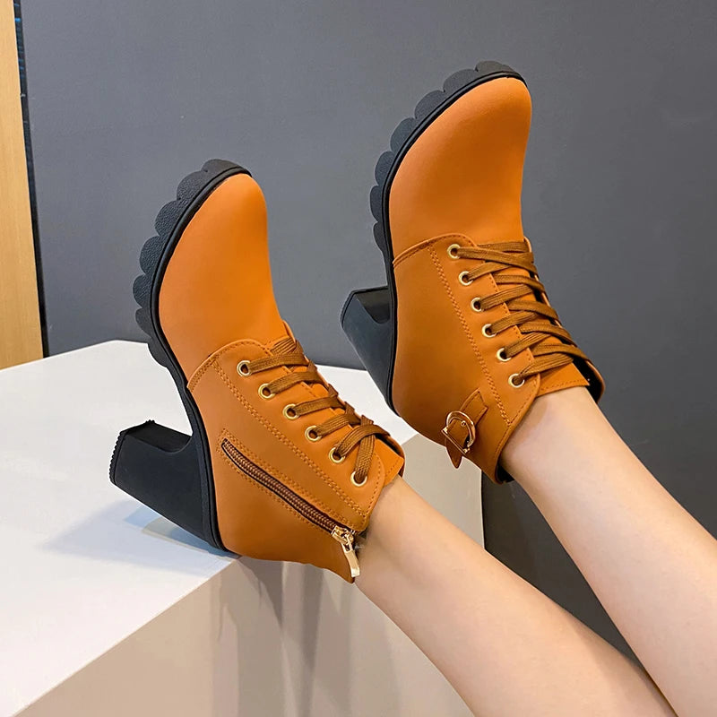 New Spring Winter Women Pumps Boots High Quality Lace-up European Ladies Shoes PU High Heels Boots Fast Delivery Platform Boots - MAGUSTA BEAUTY