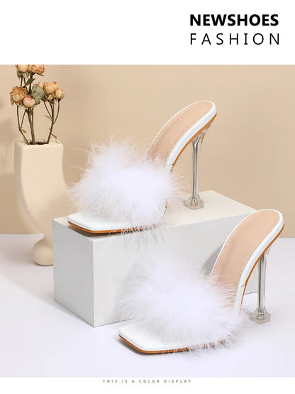 Women Rabbit White Fur Clear PVC Slippers Square Toe Stilettos Slides Transparent Crystal High Heels Sandals Mules Glass Heels