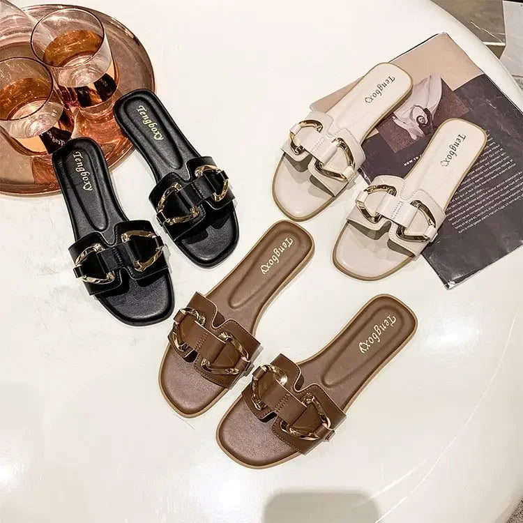 Women Metal Decor Single Band Flat Sandals Fashion Sexy Open Toe Outdoors Slides Luxurious Office Ladies Party Female Shoes