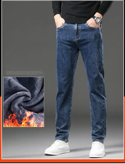 Winter Fleece Thick Warm Jeans Men's Slim Straight Elastic Denim Pants Casual Male Clothing Fashion Plush Trousers