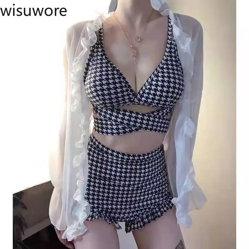 WISUWORE Plaid Swimwear Ladies Korea 2023 New Star Same Swim Bikini Hollow Out Cross Straps Sexy Bikini Swimsuit Women Bikinis