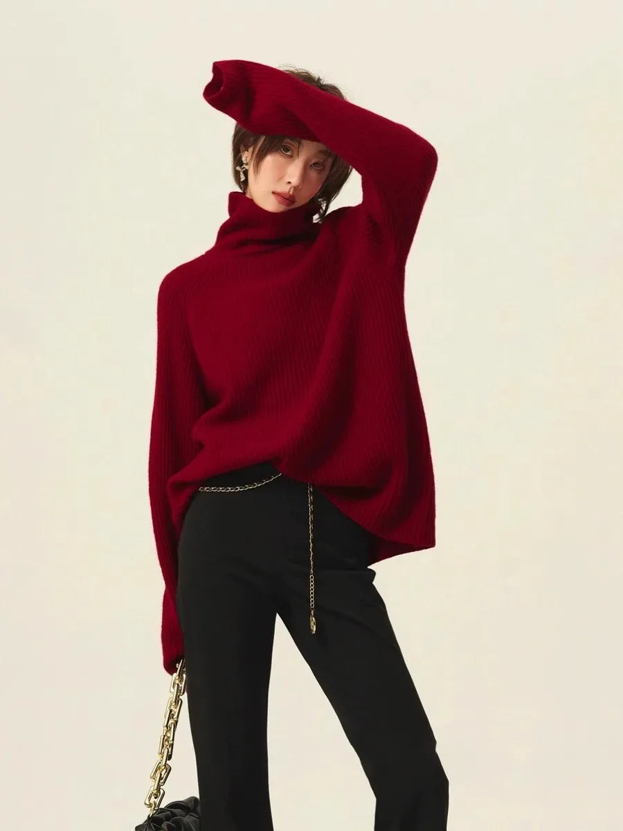 Turtleneck 100% cashmere sweater women loose thickening age reduction niche vintage red crewneck sweater women long sleeves